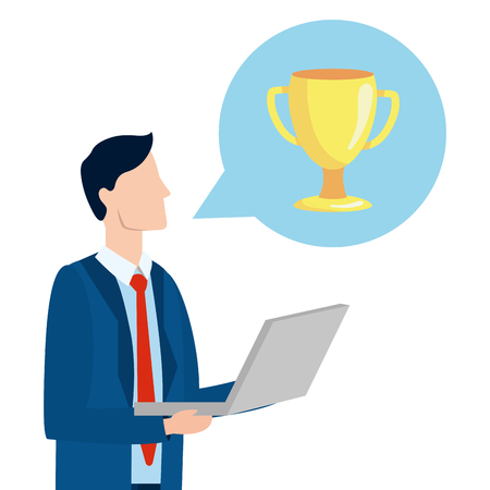 successful businessman avatar with laptop thinking trophy speech bubble cartoon vector illustration graphic designのイラスト素材