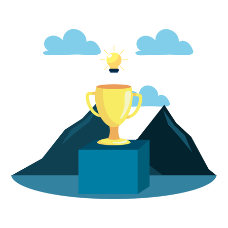 successful trophy over podium with lightbulb idea cartoon vector illustration graphic designのイラスト素材