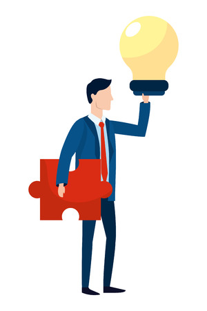 successful businessman avatar with lightbulb and puzzle cartoon vector illustration graphic designのイラスト素材