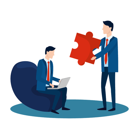 successful businessmen avatar with puzzle and puff with laptop cartoon vector illustration graphic designのイラスト素材