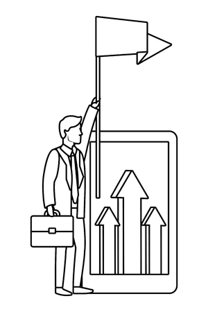 Businessman with briefcase and flag with smartphone arrows growing vector illustration graphic designのイラスト素材