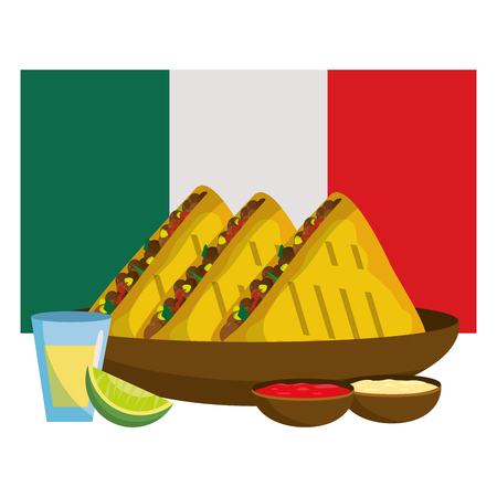 delicious mexican food in front mexican flag cartoon vector illustration graphic designのイラスト素材