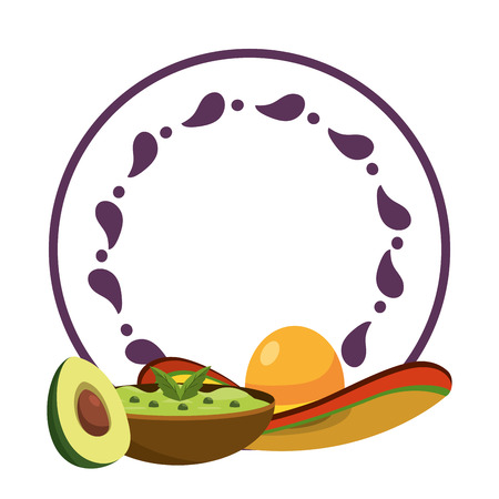 mexican food guacamole and hat with avocado over round label emblemのイラスト素材