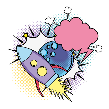 moon with speech bubble and rocket pop art vector illustration designのイラスト素材