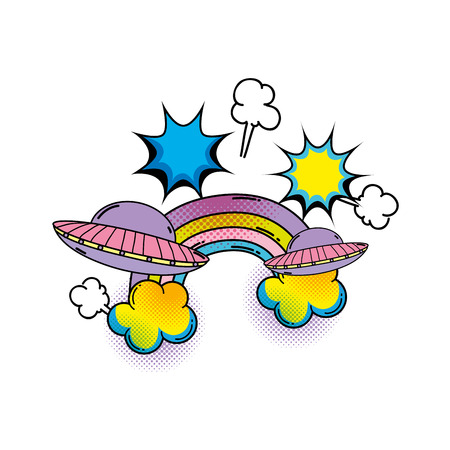 ufo flying with rainbow pop art style vector illustration designのイラスト素材