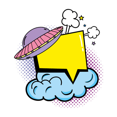ufo flying with speech bubble pop art style vector illustration designのイラスト素材
