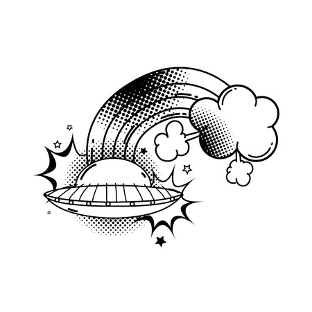 ufo flying with rainbow pop art style vector illustration designのイラスト素材