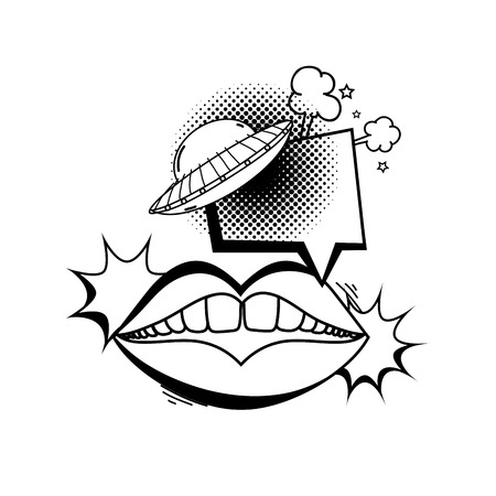 mouth with ufo flying and speech bubble pop art vector illustrationのイラスト素材