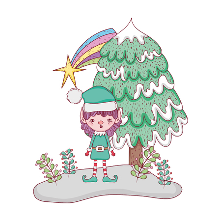 cute santa helper with pine tree vector illustration designのイラスト素材
