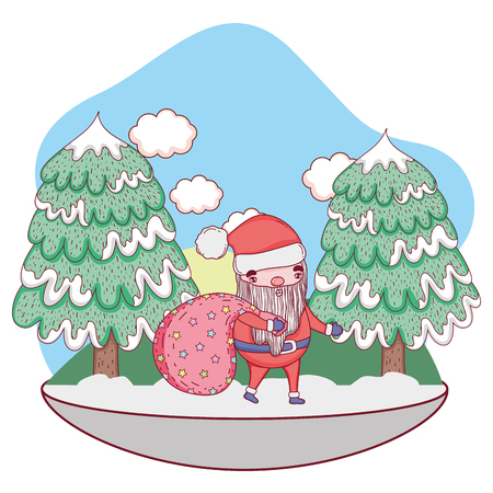cute christmas santa claus with bag in the landscape vector illustrationのイラスト素材