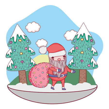 cute christmas santa claus with bag in the landscape vector illustrationのイラスト素材