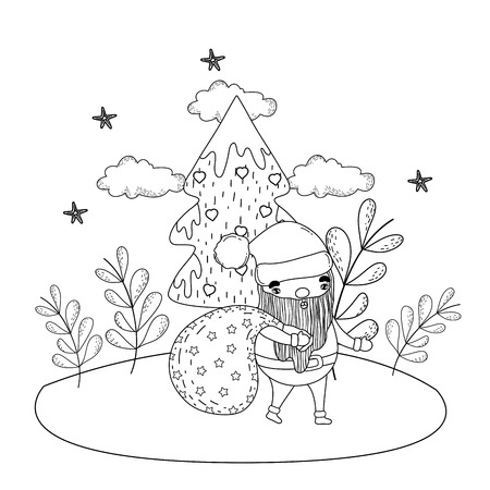 cute christmas santa claus with bag in the landscape vector illustrationのイラスト素材