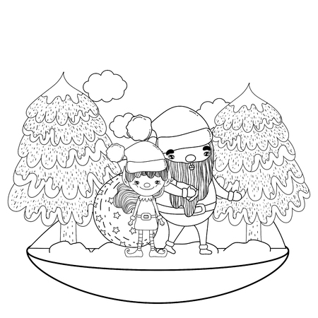 santa claus with tree and helper in the snowscape vector illustrationのイラスト素材