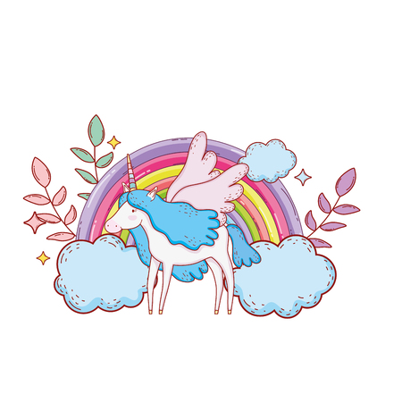 cute unicorn with clouds and rainbow vector illustration designのイラスト素材