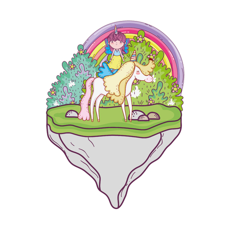 rainbow with unicorn and fairy in the landscape vector illustration designのイラスト素材