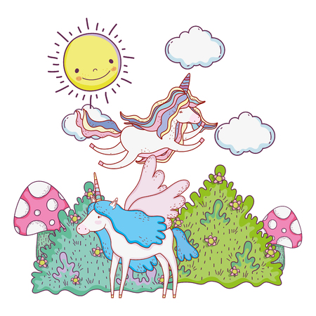 cute fairytale unicorns in the landscape vector illustration designのイラスト素材