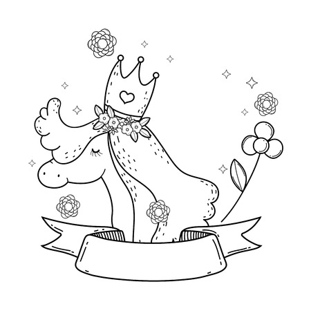 cute unicorn with ribbon and floral decoration vector illustration designのイラスト素材