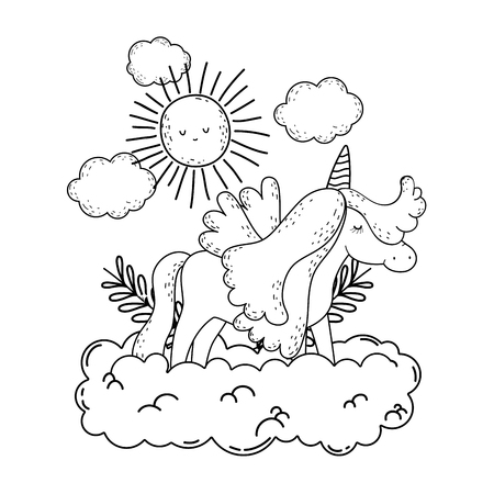 cute fairytale unicorn with clouds and sun vector illustration designのイラスト素材