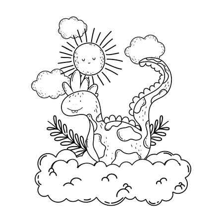 fairytale dinosaur with clouds and sun vector illustration designのイラスト素材
