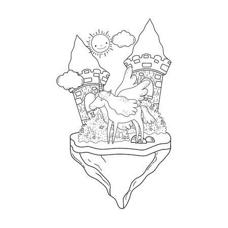 cute unicorn with clouds and castle in landscape vector illustrationのイラスト素材