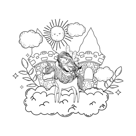 castle with unicorn and fairy in the clouds vector illustration designのイラスト素材