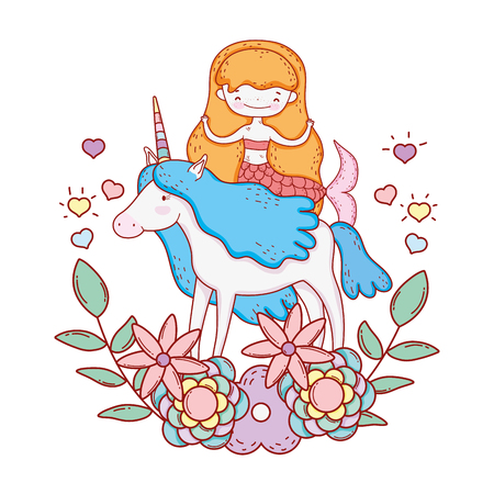 cute mermaid with unicorn and floral decoration vector illustrationのイラスト素材