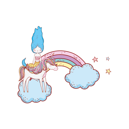 mermaid with unicorn and rainbow in clouds vector illustration designのイラスト素材