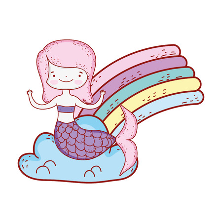 cute mermaid with clouds and rainbow vector illustration designのイラスト素材