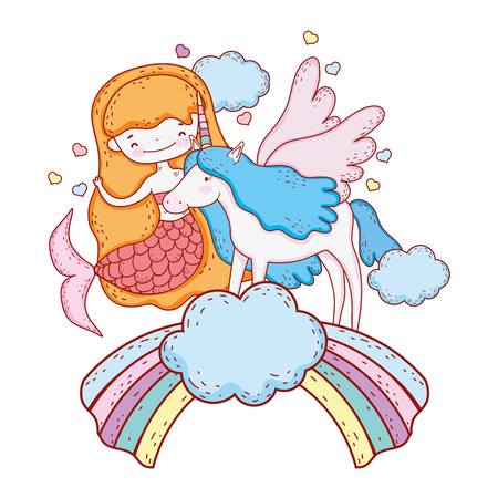 mermaid with unicorn and rainbow in clouds vector illustration designのイラスト素材
