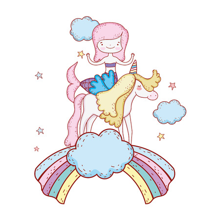 mermaid with unicorn and rainbow in clouds vector illustration designのイラスト素材