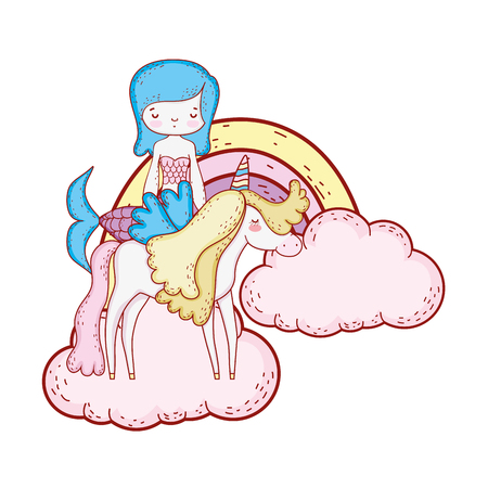 mermaid with unicorn and rainbow in clouds vector illustration designのイラスト素材