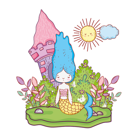 cute mermaid with castle in the landscape vector illustration designのイラスト素材