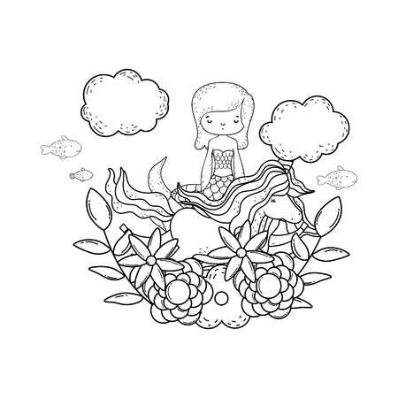 cute mermaid with unicorn and floral decoration vector illustrationのイラスト素材