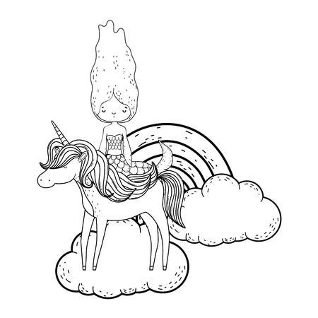 mermaid with unicorn and rainbow in clouds vector illustration designのイラスト素材