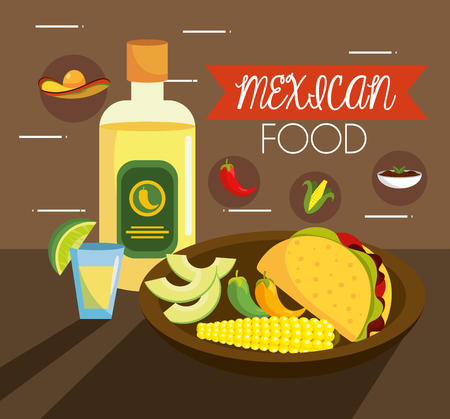 traditional mexican tacos food with tequila vector illustrationのイラスト素材