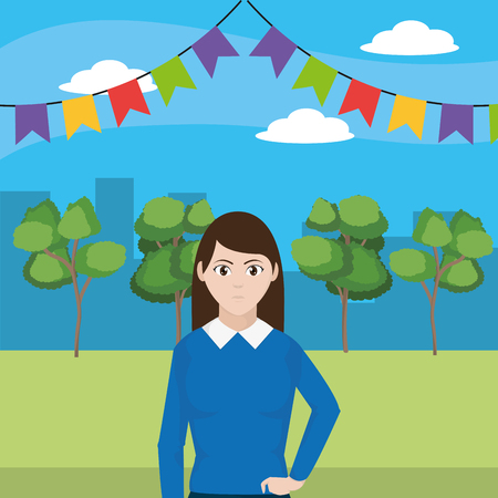 young woman body over nature field with trees cartoon vector illustration graphic designのイラスト素材