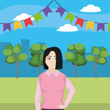 young woman body over nature field with trees cartoon vector illustration graphic designのイラスト素材