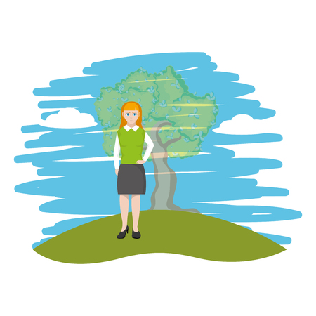 young woman body over nature field with tree cartoon vector illustration graphic designのイラスト素材