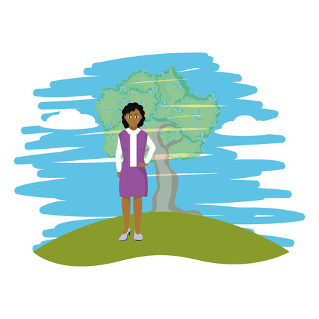 young woman body over nature field with tree cartoon vector illustration graphic designのイラスト素材