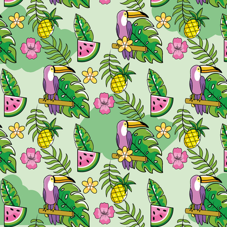 watermelon with pineapple and tropical plants background vector illustrationのイラスト素材