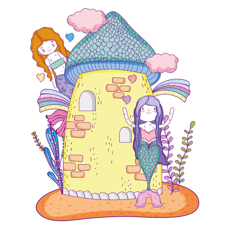 cute mermaid woman and castle with cloudsのイラスト素材