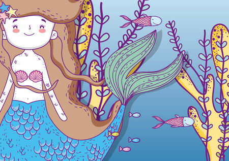 cute mermaid underwater with fishes and plantsのイラスト素材