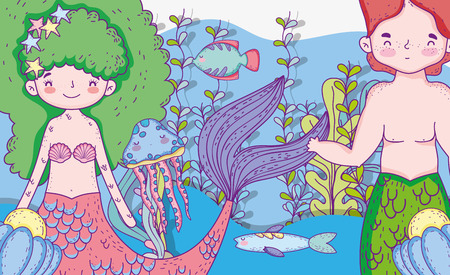 mermaids woman and man with plants leavesのイラスト素材