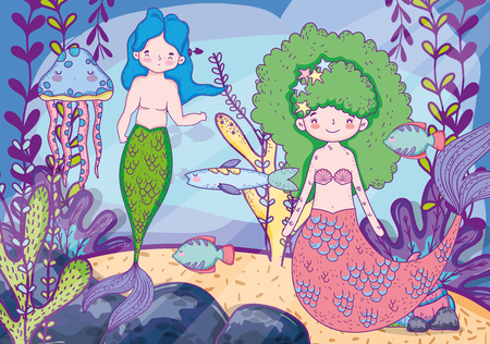 mermaids woman and man underwater with plants leavesのイラスト素材
