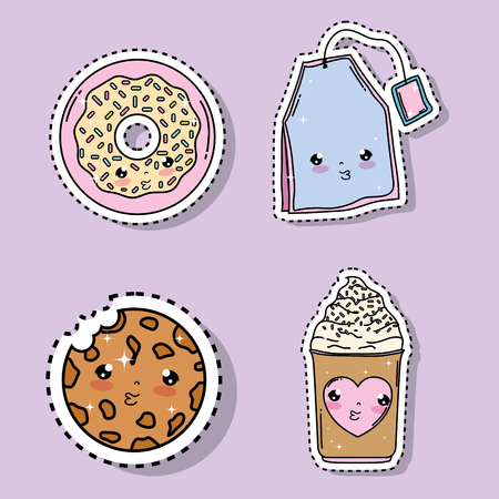 set kawaii ice cream with donut and tag with cookie vector illustrationのイラスト素材