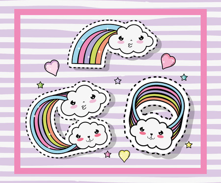 kawaii cute clouds with rainbows and hearts vector illustrationのイラスト素材