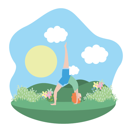 fit woman practicing yoga over nature park cartoon vector illustration graphic designのイラスト素材