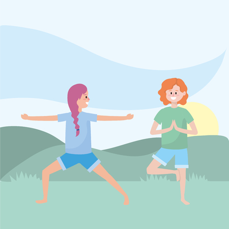 fit women practicing yoga over nature park cartoon vector illustration graphic designのイラスト素材