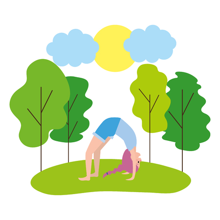 fit woman practicing yoga over nature park cartoon vector illustration graphic designのイラスト素材