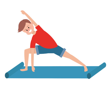 fit man practicing yoga wearing red t-shirt over yoga mat vector illustration graphic designのイラスト素材